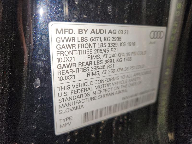 48258536 :رقم المزاد ، WA1AVAF19MD031106 vin ، 2021 Audi Q8 مزاد بيع