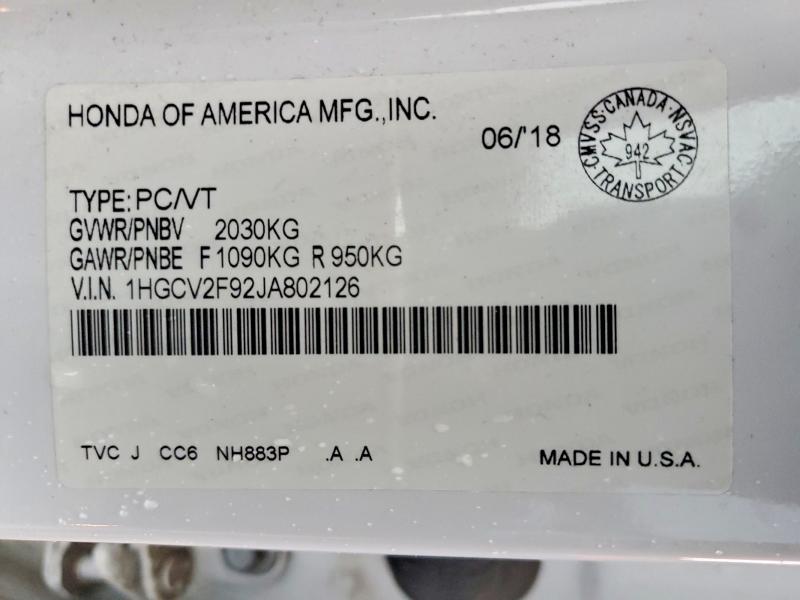 79453795 :رقم المزاد ، 1HGCV2F92JA802126 vin ، 2018 Honda Accord مزاد بيع