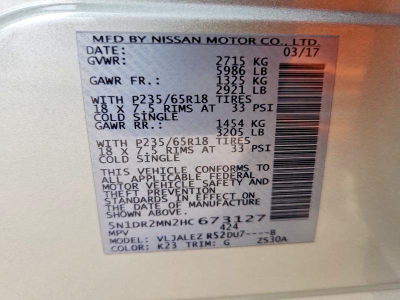 Aukcja sprzedaży 2017 Nissan Pathfinder, vin: 5N1DR2MN2HC673127, numer aukcji: 47194476