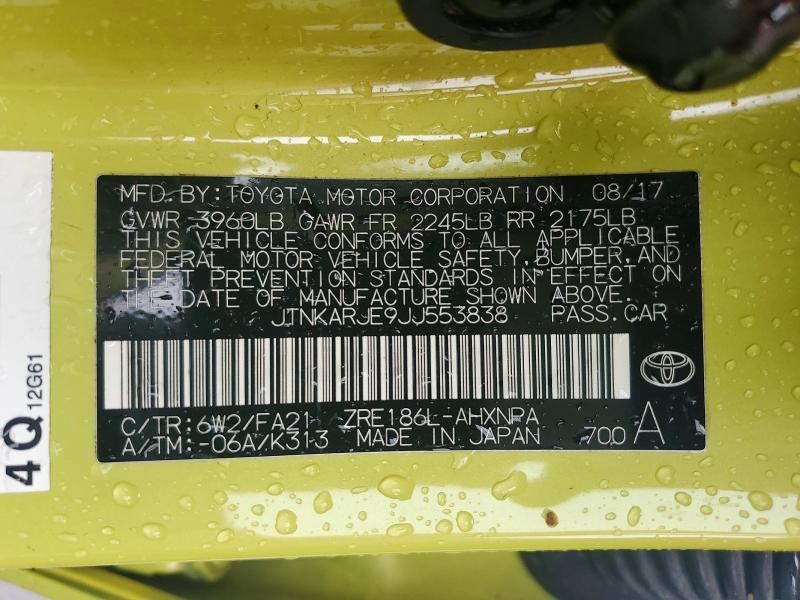 Aukcja sprzedaży 2018 Toyota Corolla Im, vin: JTNKARJE9JJ553838, numer aukcji: 45831276