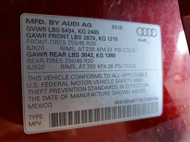 2019 Audi Q5 მანქანა იყიდება აუქციონზე, vin: WA1BNAFY3K2085494, აუქციონის ნომერი: 46853516