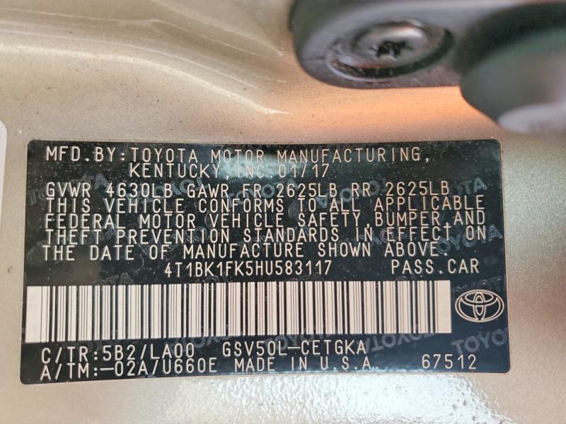 Продажа на аукционе авто 2017 Toyota Camry, vin: 4T1BK1FK5HU583117, номер лота: 46439786