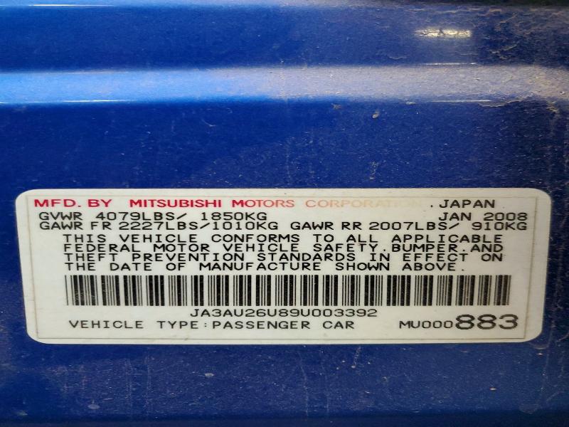 Aukcja sprzedaży 2009 Mitsubishi Lancer, vin: JA3AU26U89U003392, numer aukcji: 45695976