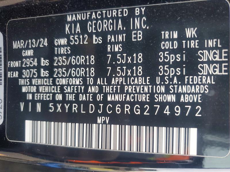 47960916 :رقم المزاد ، 5XYRLDJC6RG274972 vin ، 2024 Kia Sorento مزاد بيع