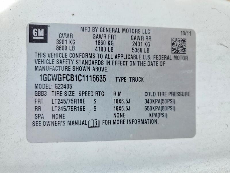 2012 Chevrolet Express G2500 მანქანა იყიდება აუქციონზე, vin: 1GCWGFCB1C1116635, აუქციონის ნომერი: 79925055