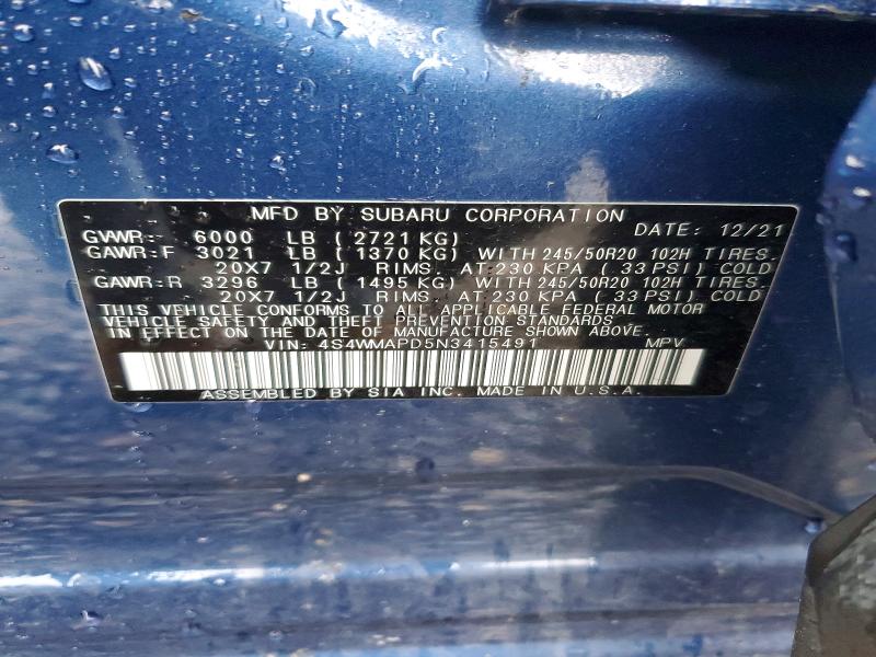 Продаж на аукціоні авто 2022 Subaru Ascent, vin: 4S4WMAPD5N3415491, номер лоту: 45788756
