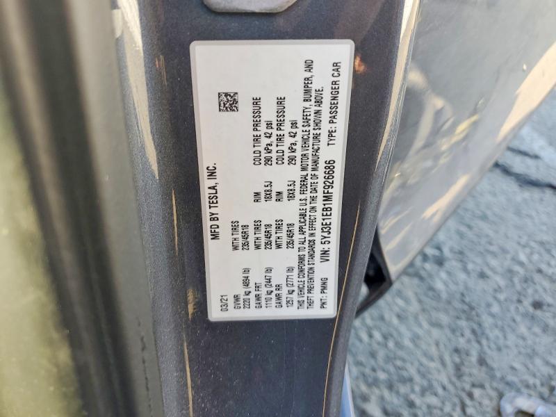 2021 Tesla 3 მანქანა იყიდება აუქციონზე, vin: 5YJ3E1EB1MF926686, აუქციონის ნომერი: 41585896