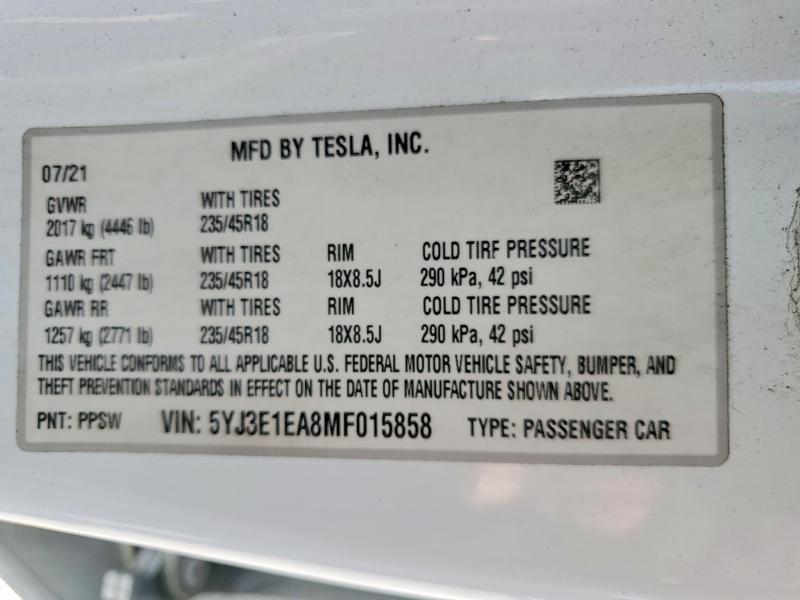 47914236 :رقم المزاد ، 5YJ3E1EA8MF015858 vin ، 2021 Tesla Model 3 مزاد بيع