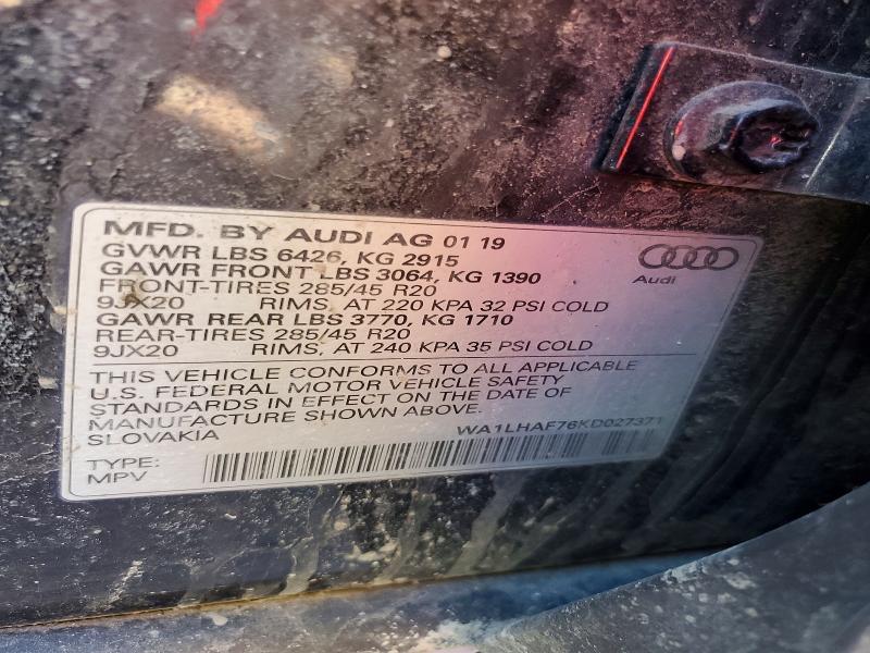 2019 Audi Q7 მანქანა იყიდება აუქციონზე, vin: WA1LHAF76KD027371, აუქციონის ნომერი: 45492526