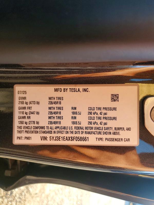 46021706 :رقم المزاد ، 5YJ3E1EAXSF058661 vin ، 2025 Tesla Model 3 مزاد بيع