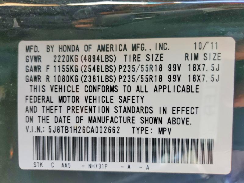 47896436 :رقم المزاد ، 5J8TB1H26CA002662 vin ، 2012 Acura Rdx مزاد بيع