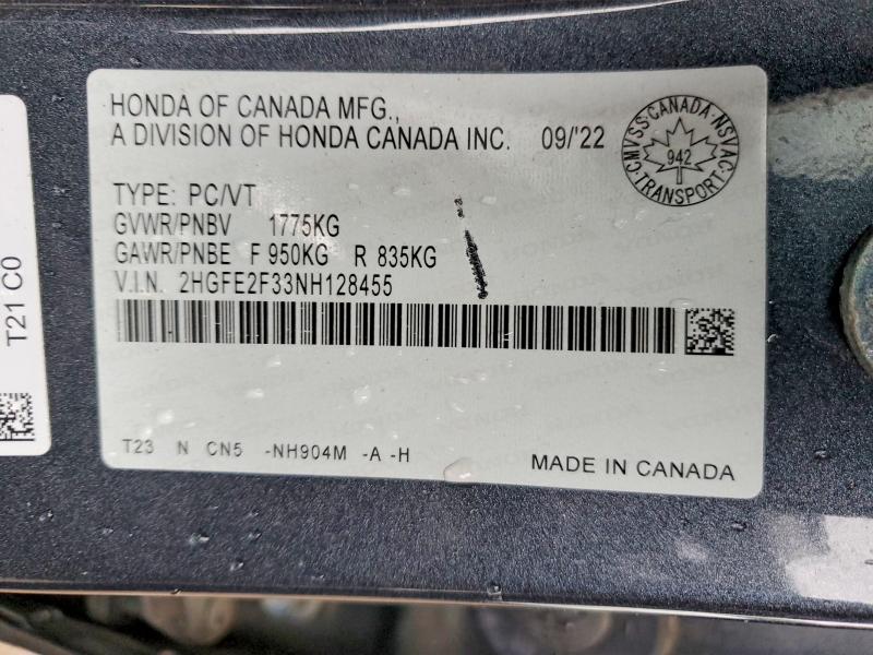 79882645 :رقم المزاد ، 2HGFE2F33NH128455 vin ، 2022 Honda Civic مزاد بيع