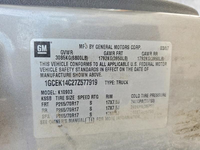 Продаж на аукціоні авто 2007 Chevrolet Silverado, vin: 1GCEK14C27Z577919, номер лоту: 47725326