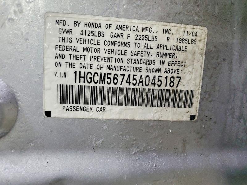 Auction sale of the 2005 Honda Accord, vin: 1HGCM56745A045187, lot number: 46308476