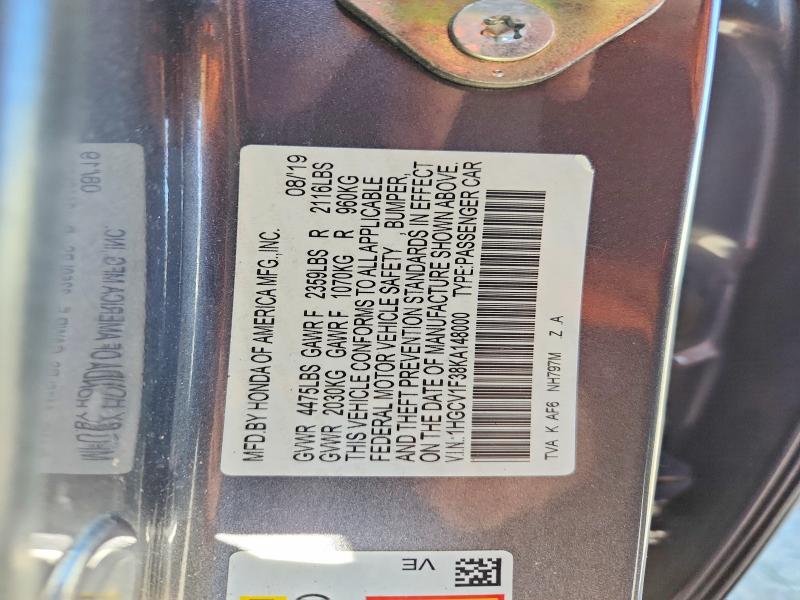 Aukcja sprzedaży 2019 Honda Accord, vin: 1HGCV1F38KA148000, numer aukcji: 47445646