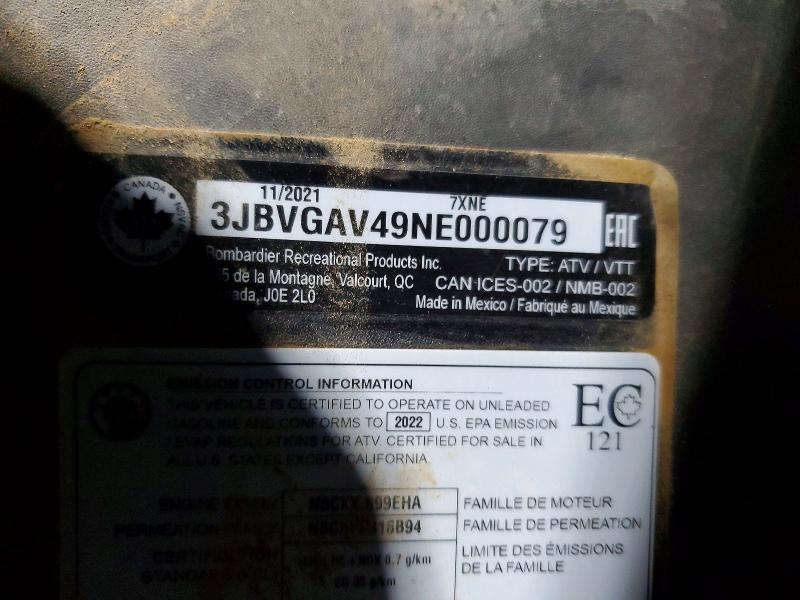 2022 Can-am Maverick X3 მანქანა იყიდება აუქციონზე, vin: 3FBVGAV49NE000079, აუქციონის ნომერი: 79337555