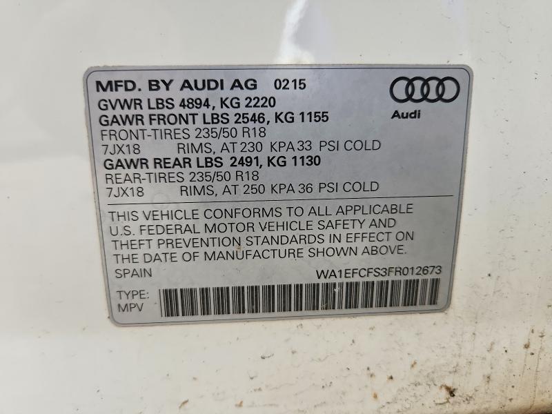 Aukcja sprzedaży 2015 Audi Q3, vin: WA1EFCFS3FR012673, numer aukcji: 47605096