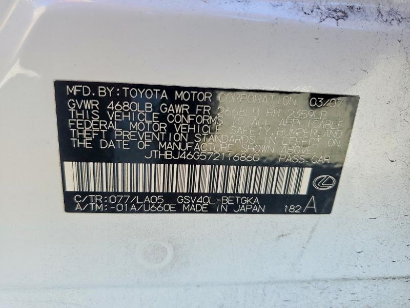 Aukcja sprzedaży 2007 Lexus Es 350, vin: JTHBJ46G572116860, numer aukcji: 46540796