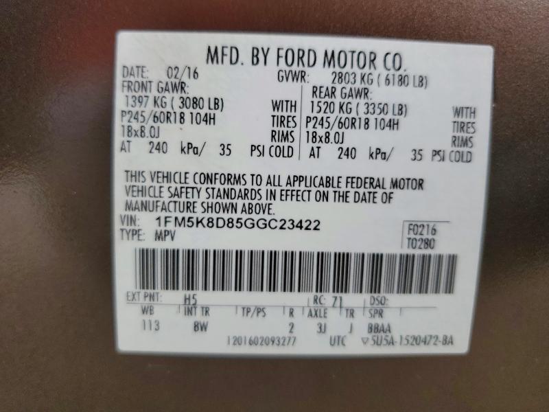 76774125 :رقم المزاد ، 1FM5K8D85GGC23422 vin ، 2016 Ford Explorer مزاد بيع