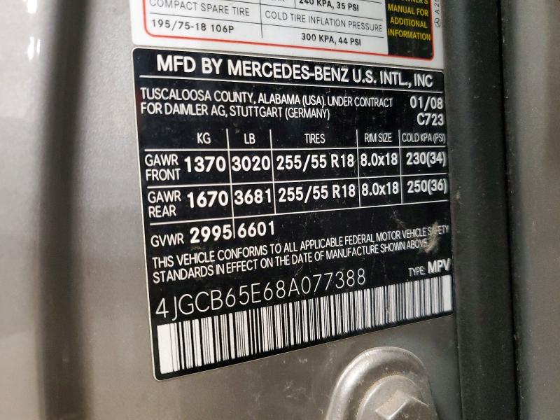 45659506 :رقم المزاد ، 4JGCB65E68A077388 vin ، 2008 Mercedes-benz R مزاد بيع