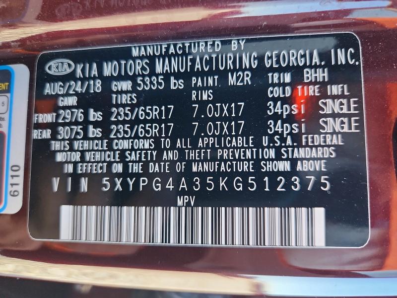 45569796 :رقم المزاد ، 5XYPG4A35KG512375 vin ، 2019 Kia Sorento مزاد بيع