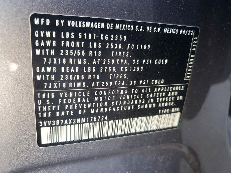 45877436 :رقم المزاد ، 3VV3B7AX2NM175724 vin ، 2022 Volkswagen Tiguan مزاد بيع