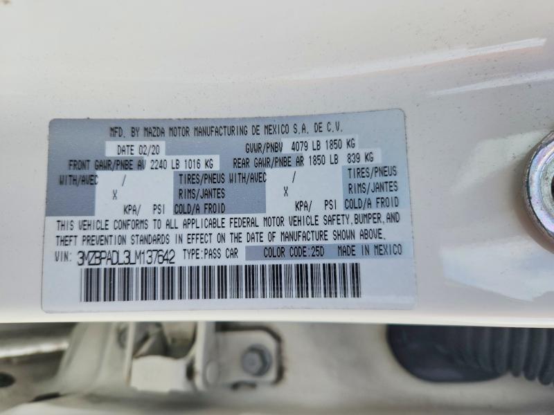 47345206 :رقم المزاد ، 3MZBPADL3LM137642 vin ، 2020 Mazda 3 مزاد بيع