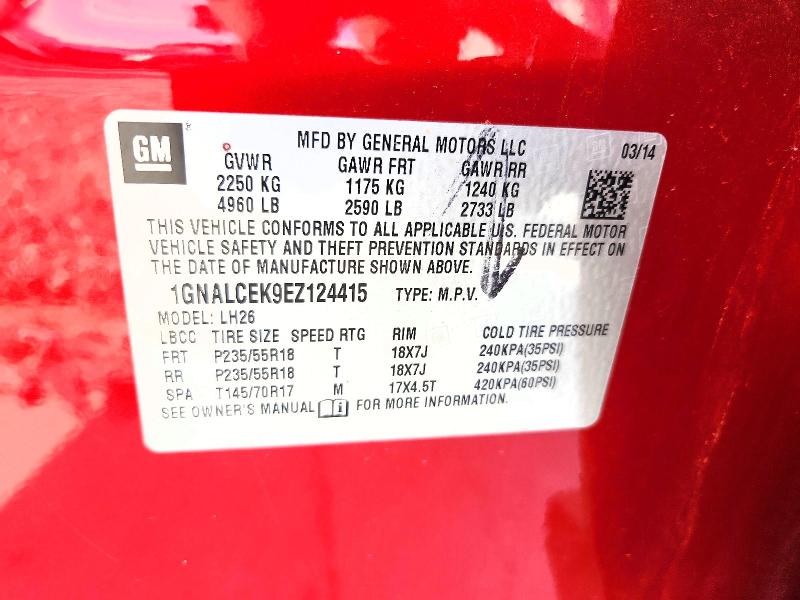 46713936 :رقم المزاد ، 1GNALCEK9EZ124415 vin ، 2014 Chevrolet Equinox مزاد بيع