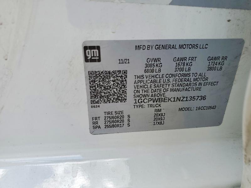 Продаж на аукціоні авто 2022 Chevrolet Silverado Ltd, vin: 1GCPWBEK1NZ135736, номер лоту: 47538786