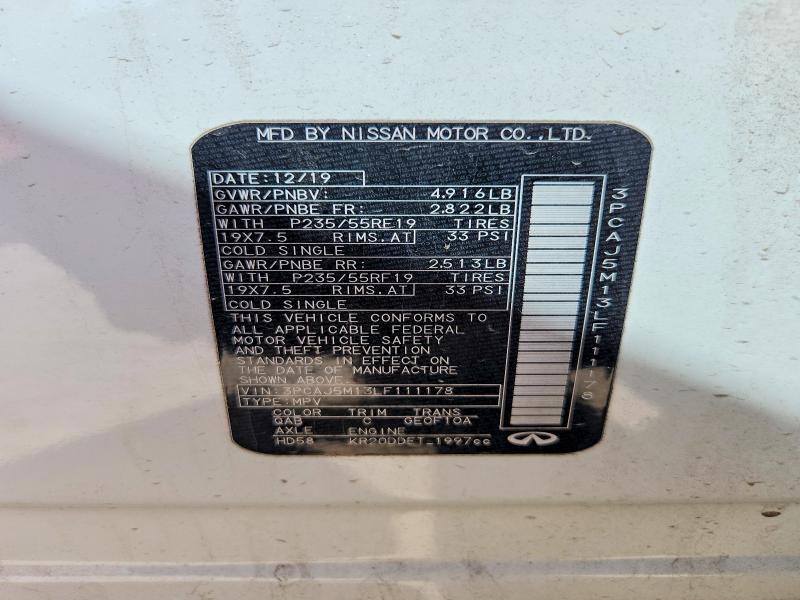 41923906 :رقم المزاد ، 3PCAJ5M13LF111178 vin ، 2020 Infiniti Qx50 مزاد بيع
