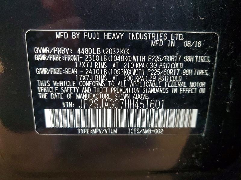 Aukcja sprzedaży 2017 Subaru Forester, vin: JF2SJAGC7HH451601, numer aukcji: 45909576