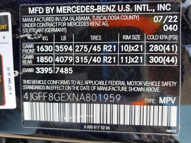 Aukcja sprzedaży 2022 Mercedes-benz Gls, vin: 4JGFF8GEXNA801959, numer aukcji: 47435086