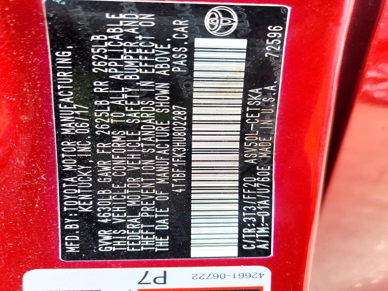 2017 Toyota Camry მანქანა იყიდება აუქციონზე, vin: 4T1BF1FK3HU802287, აუქციონის ნომერი: 46661206