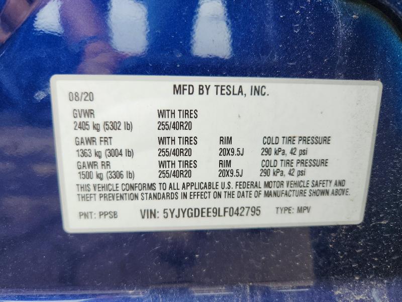 2020 Tesla Model Y მანქანა იყიდება აუქციონზე, vin: 5YJYGDEE9LF042795, აუქციონის ნომერი: 41964016