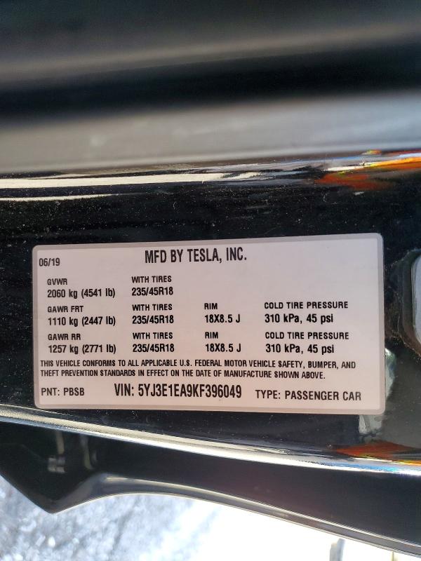 Aukcja sprzedaży 2019 Tesla Model 3, vin: 5YJ3E1EA9KF396049, numer aukcji: 42009876