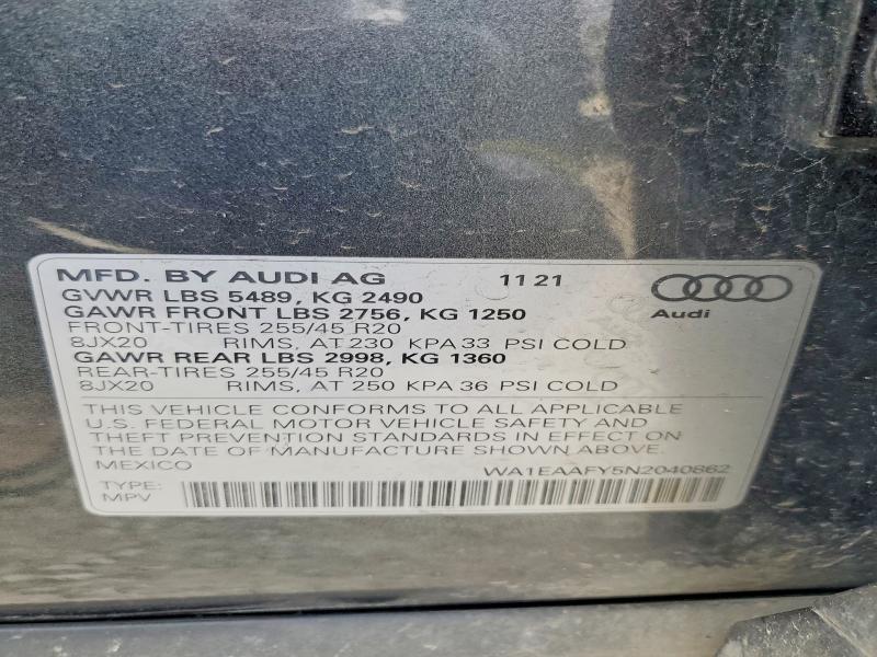 Aukcja sprzedaży 2022 Audi Q5, vin: WA1EAAFY5N2040862, numer aukcji: 41773546