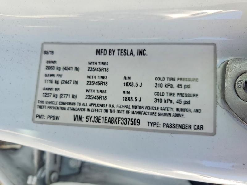 Aukcja sprzedaży 2019 Tesla Model 3, vin: 5YJ3E1EA8KF337509, numer aukcji: 79639405