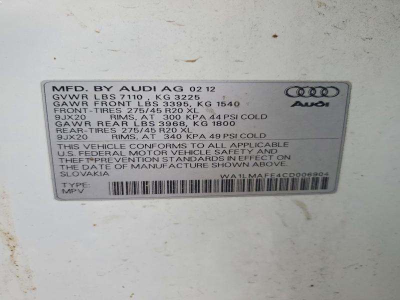 46042236 :رقم المزاد ، WA1LMAFE4CD006904 vin ، 2012 Audi Q7 مزاد بيع