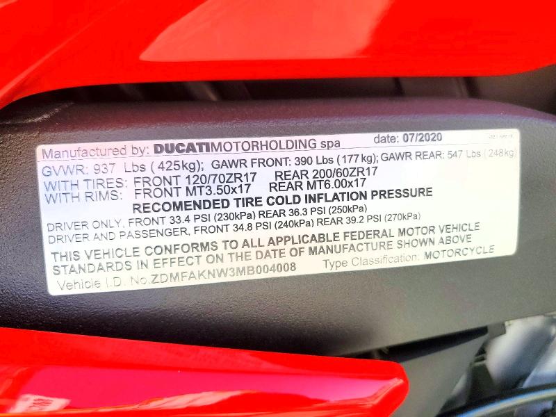 46955016 :رقم المزاد ، ZDMFAKNW3MB004008 vin ، 2021 Ducati Streetfighter مزاد بيع