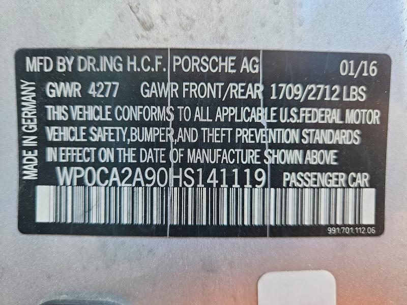 Продаж на аукціоні авто 2017 Porsche 911, vin: WP0CA2A90HS141119, номер лоту: 46372396
