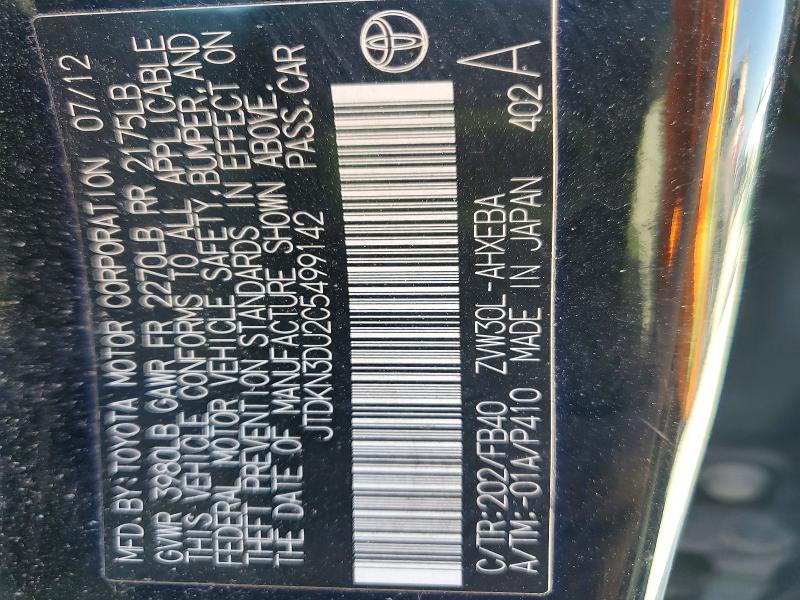 Aukcja sprzedaży 2012 Toyota Prius, vin: JTDKN3DU2C5499142, numer aukcji: 46775966