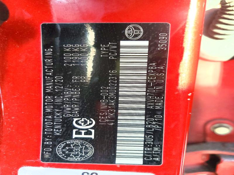 79174225 :رقم المزاد ، 4T1K31AK3MU022316 vin ، 2021 Toyota Camry Hybrid مزاد بيع