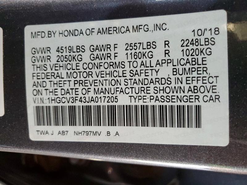Продаж на аукціоні авто 2018 Honda Accord, vin: 1HGCV3F43JA017205, номер лоту: 79574335