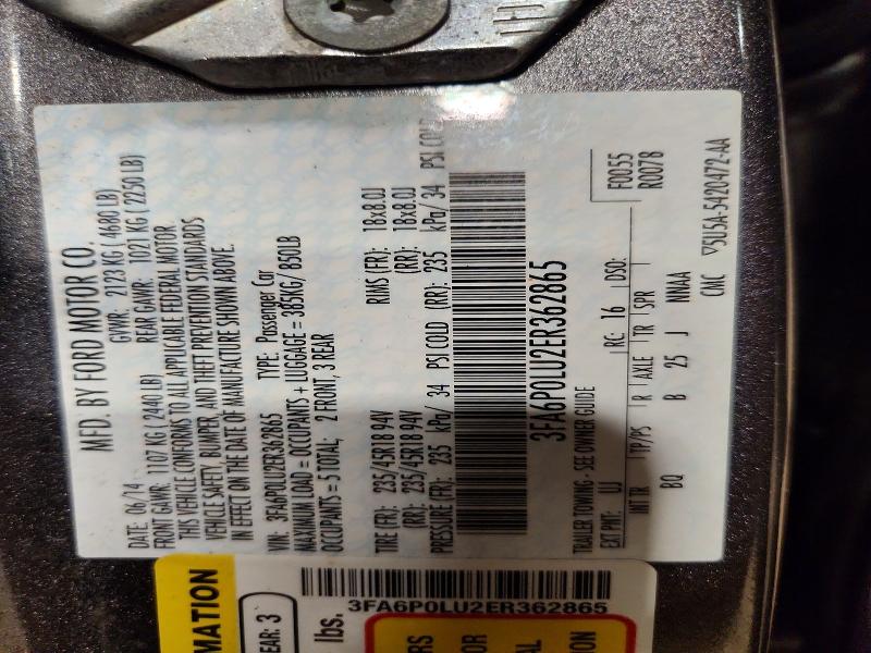 Продаж на аукціоні авто 2014 Ford Fusion, vin: 3FA6P0LU2ER362865, номер лоту: 46320166