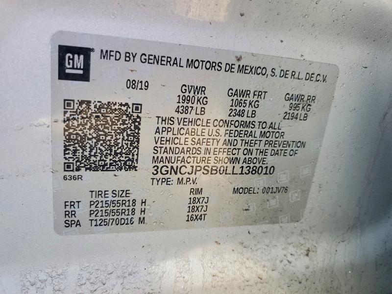45505776 :رقم المزاد ، 3GNCJPSB0LL138010 vin ، 2020 Chevrolet Trax مزاد بيع