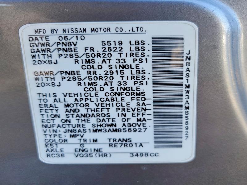 45804406 :رقم المزاد ، JN8AS1MW3AM856927 vin ، 2010 Infiniti Fx35 مزاد بيع