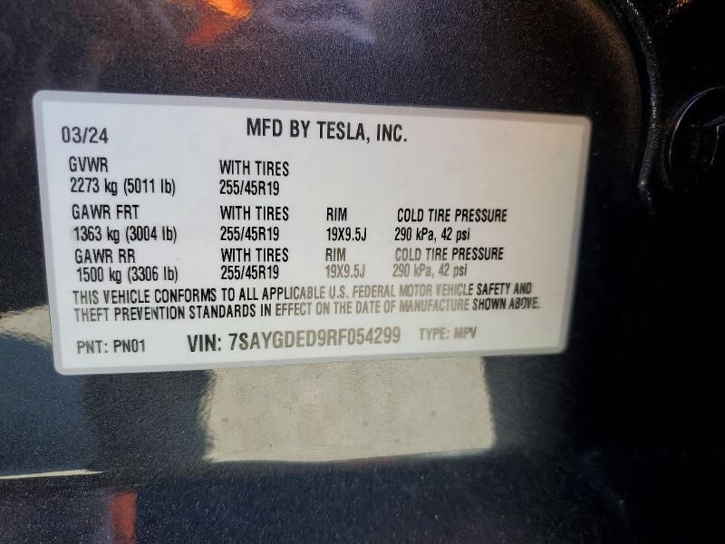 41827326 :رقم المزاد ، 7SAYGDED9RF054299 vin ، 2024 Tesla Model Y مزاد بيع