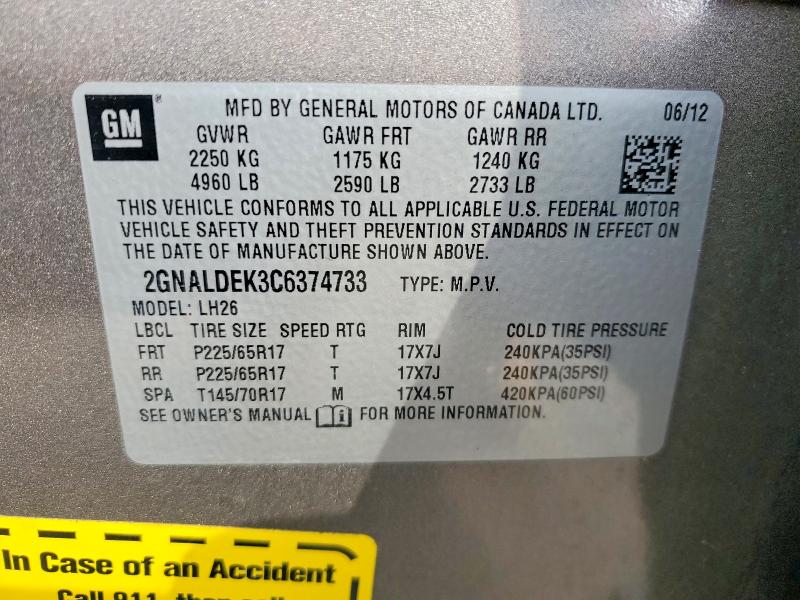 2012 Chevrolet Equinox მანქანა იყიდება აუქციონზე, vin: 2GNALDEK3C6374733, აუქციონის ნომერი: 47569806