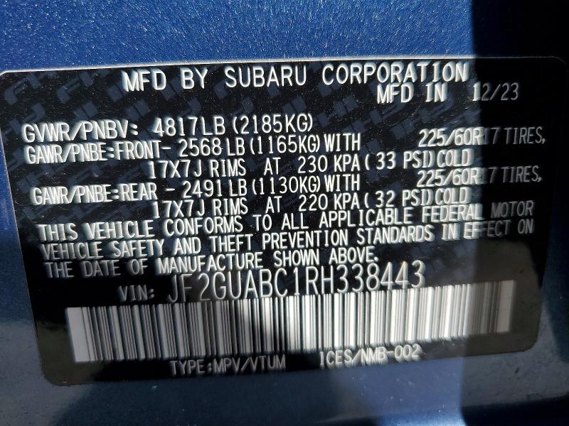 Aukcja sprzedaży 2024 Subaru Crosstrek, vin: JF2GUABC1RH338443, numer aukcji: 45610306