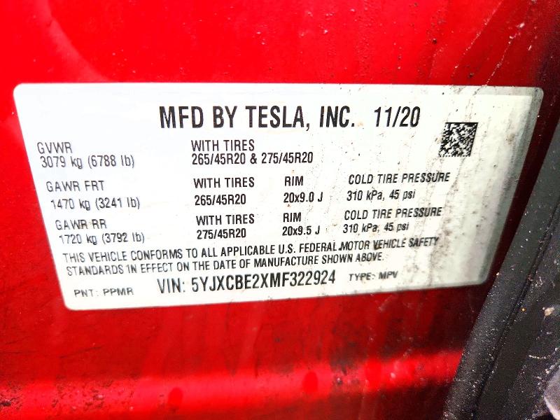 2021 Tesla Model X მანქანა იყიდება აუქციონზე, vin: 5YJXCBE2XMF322924, აუქციონის ნომერი: 47862756